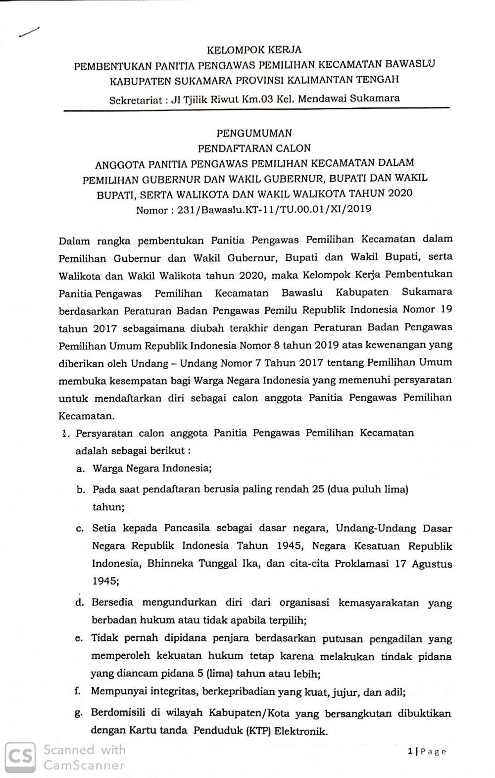 Pengumuman Penerimaan Panitia Pengawas Kecamatan Se-Kabupaten Sukamara
