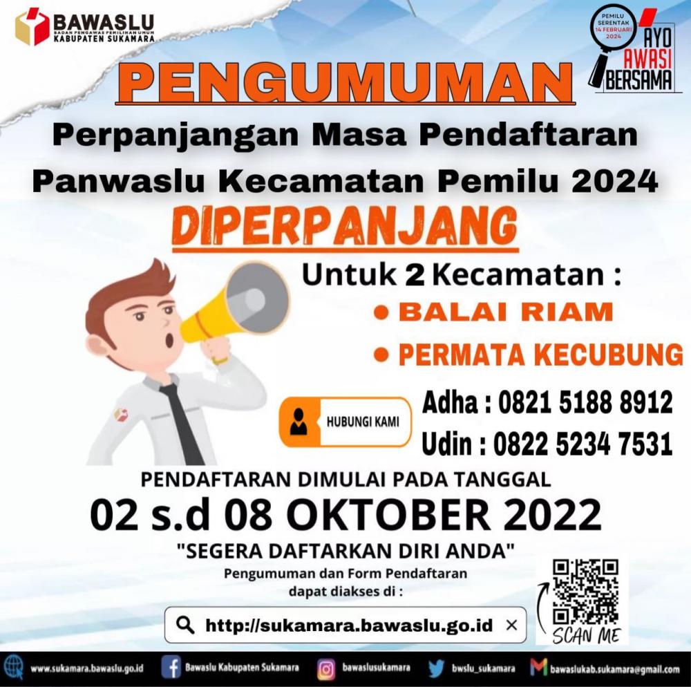 Pengumuman Perpanjangan Rekrutmen Panwaslu Kecamatan Pada Pemilu Serentak Tahun 2024