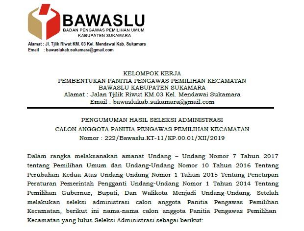 Pengumuman Lolos Berkas Panitia Pengawas Pemilihan Kecamatan Se-Kabupaten Sukamara