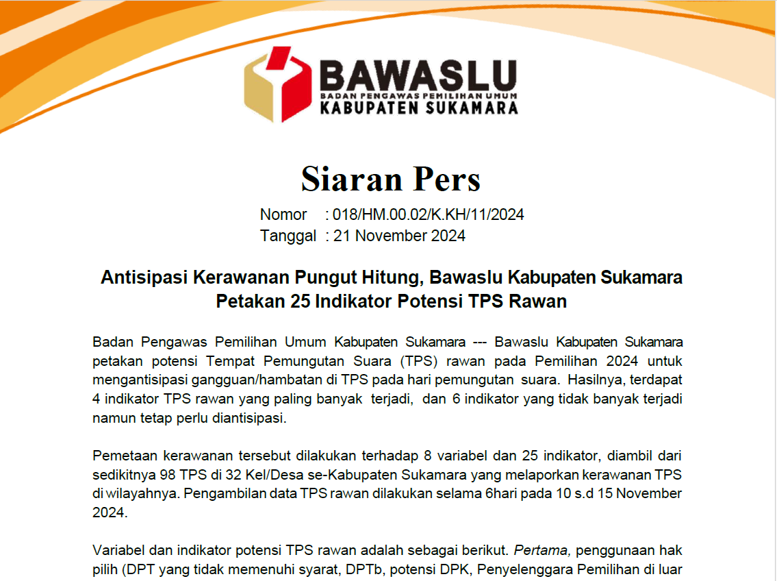 Siaran Pers TPS Rawan Kabupaten Sukamara