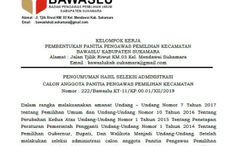 Pengumuman Lolos Berkas Panitia Pengawas Pemilihan Kecamatan Se-Kabupaten Sukamara